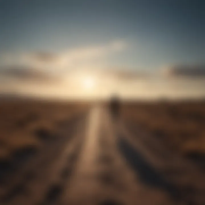 Abstract silhouette of a person walking towards the horizon symbolizing moving on