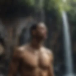 Refreshing cold shower under a waterfall