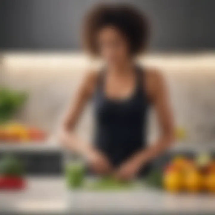 Woman blending green juice powder with fruits in a modern kitchen