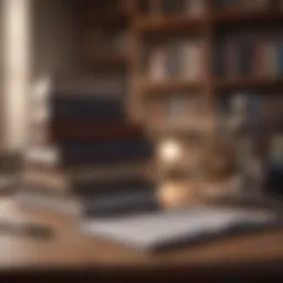 Books stacked on a desk with a notepad and pen