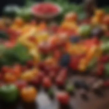 Colorful Harvest of Nutrients A vibrant assortment of fresh fruits and vegetables arranged artfully on a table.