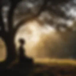 Silhouette of a person meditating under a tree