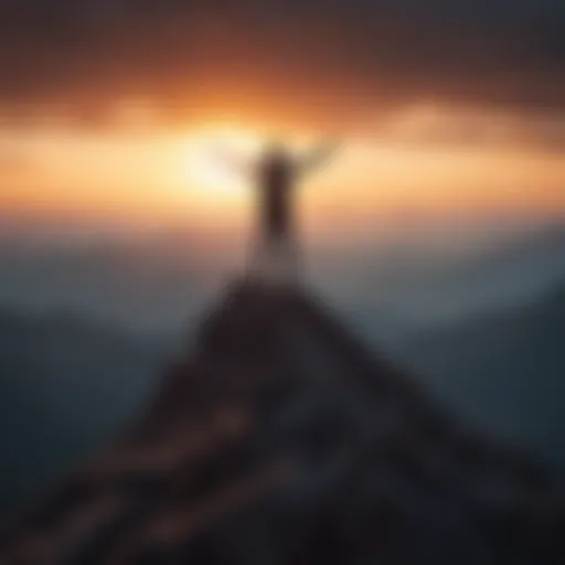 Silhouette of person standing on mountain peak with arms outstretched