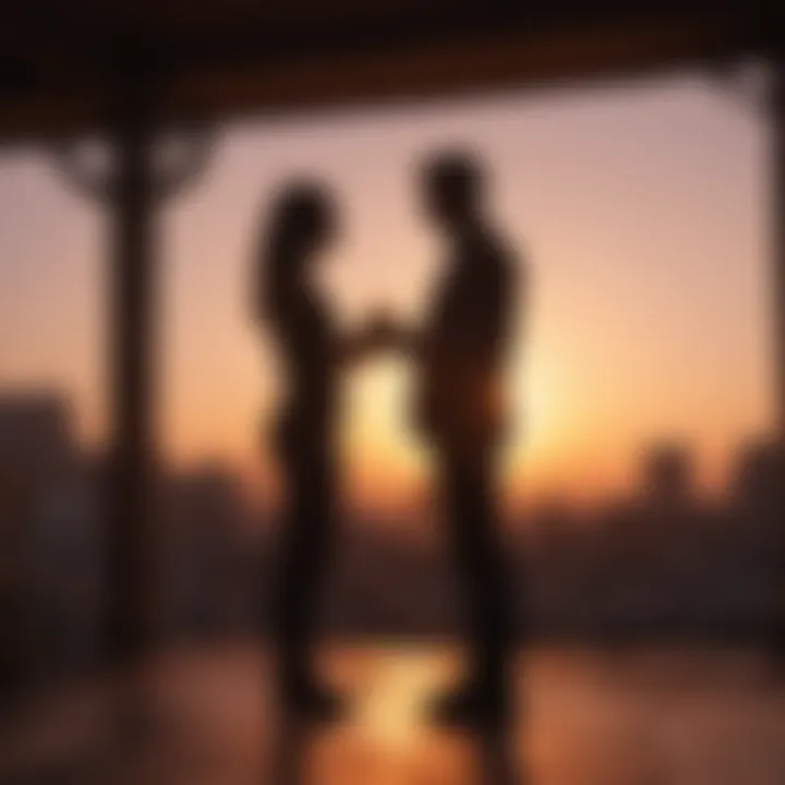 Silhouette of a couple talking in a sunset glow