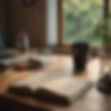 A tranquil desk scene with an open book and a cup of coffee