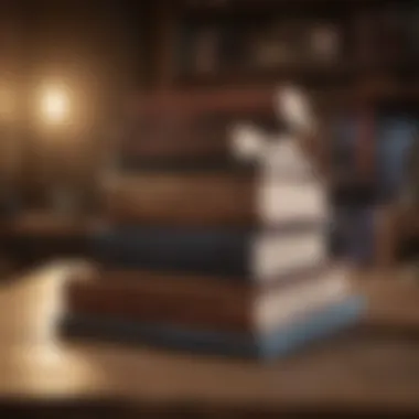 A stack of transformative books on a wooden table