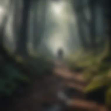 A lone figure walking through a dense, mystical forest