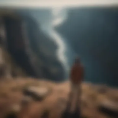 A person standing at the edge of a cliff, looking out at a vast landscape