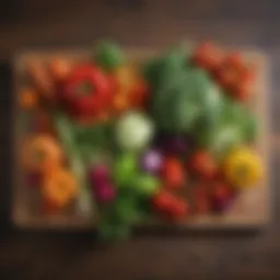 Colorful array of fresh vegetables on a wooden cutting board