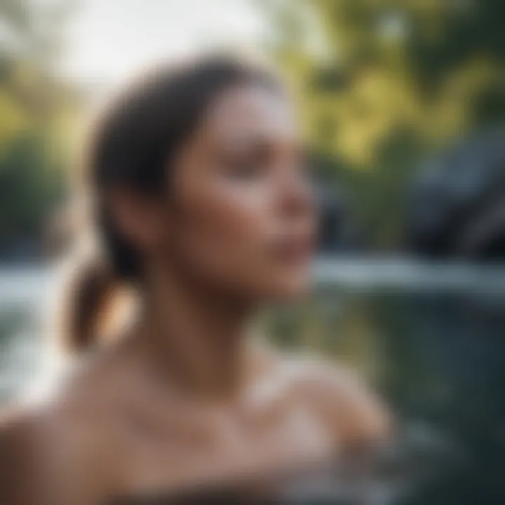 A calm individual meditating near a body of cold water, embodying mental resilience