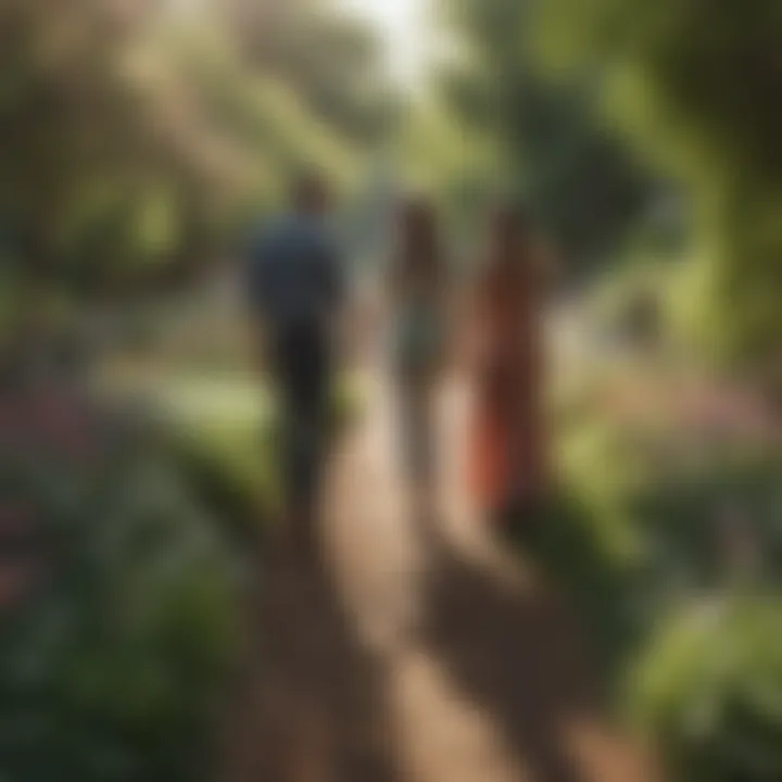 Couple walking hand in hand through a blooming garden