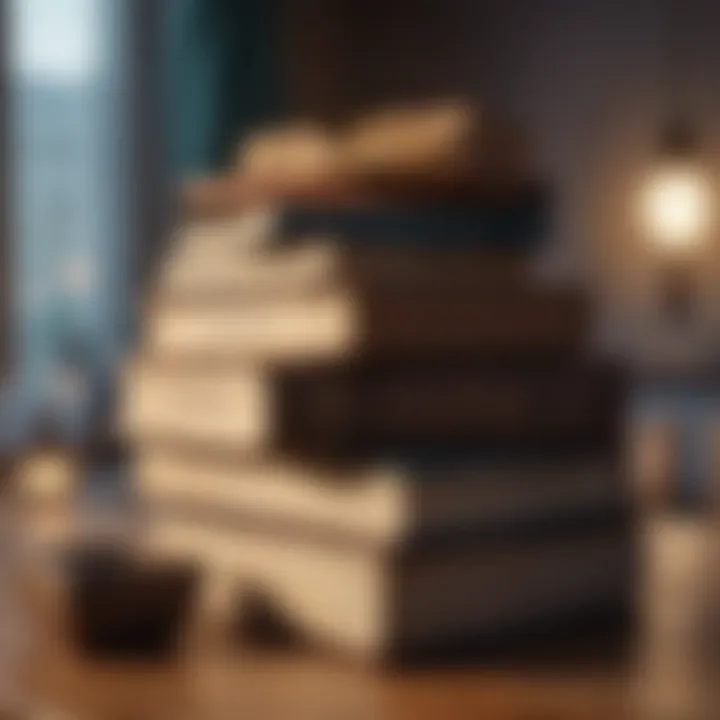 A stack of transformative books on a wooden table