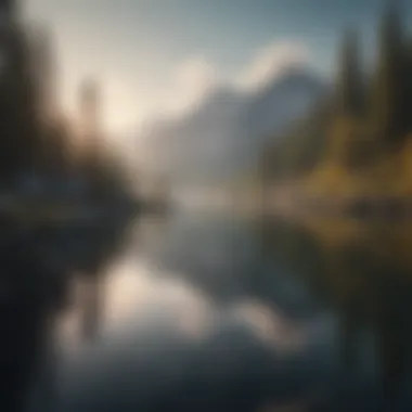 Tranquil Lake Serenity A serene landscape featuring a tranquil lake and misty mountains in the background.
