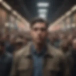 A person standing alone in a crowded room