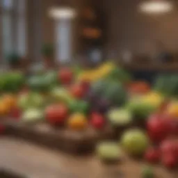 A vibrant display of assorted alkaline fruits and vegetables on a wooden table.