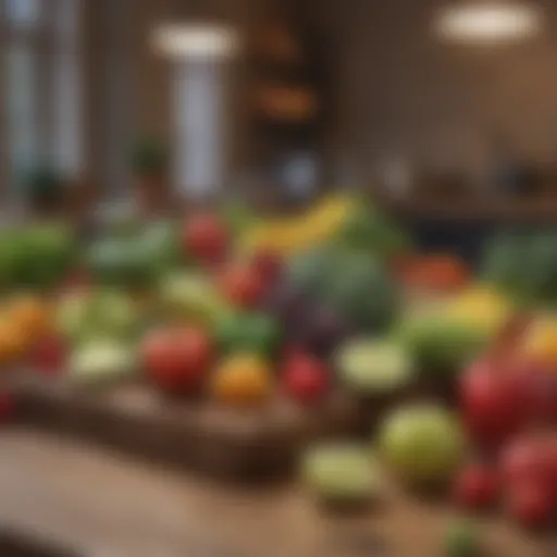 A vibrant display of assorted alkaline fruits and vegetables on a wooden table.