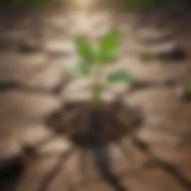 Green sprout emerging from cracked earth as a metaphor for personal growth