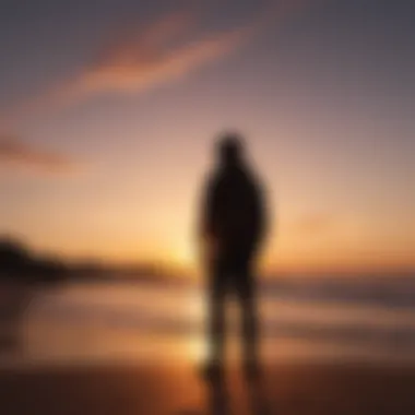 Silhouette of a person standing alone against a sunset sky