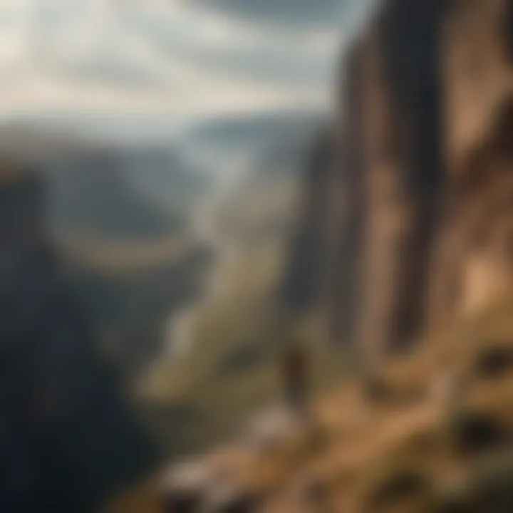 A person standing confidently at the edge of a cliff overlooking a vast landscape