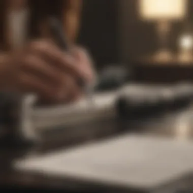 An individual reflecting on financial goals with a journal and pen