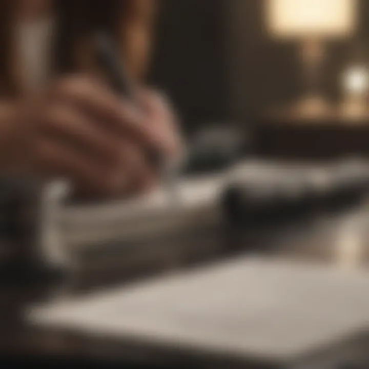 An individual reflecting on financial goals with a journal and pen