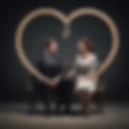 Elegant couple sitting back to back with a broken heart symbol between them