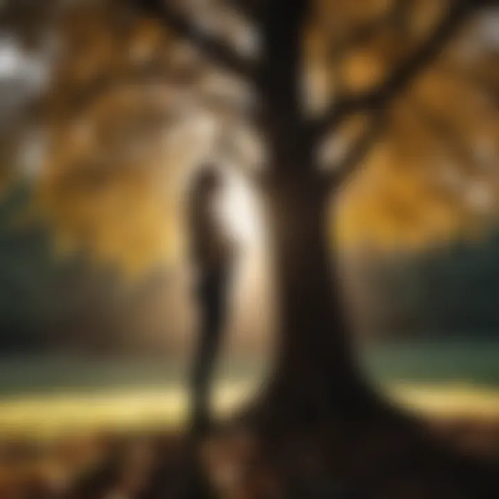 Silhouette of a person standing under a tree with sunlight filtering through leaves