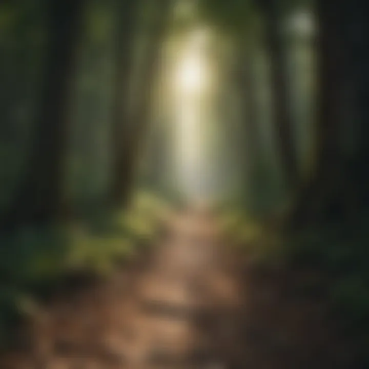 Pathway leading through a lush forest with sunlight filtering through trees