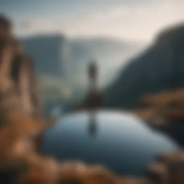 Reflection and Perspective A person standing on a cliff overlooking a vast landscape symbolizing reflection and perspective