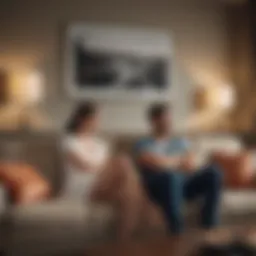 A couple sitting on opposite sides of a couch, looking distant