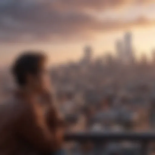 A contemplative figure gazing at a city skyline, symbolizing the search for connection.