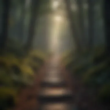 Journey to Emotional Healing A pathway illuminated by warm light, guiding through a dark forest, representing the journey toward emotional healing.