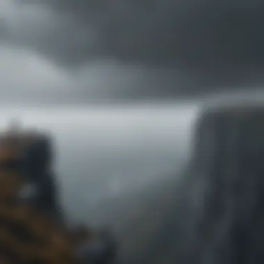 Introspection in Isolation A solitary figure standing on a cliff, gazing into the foggy abyss, representing isolation and introspection.