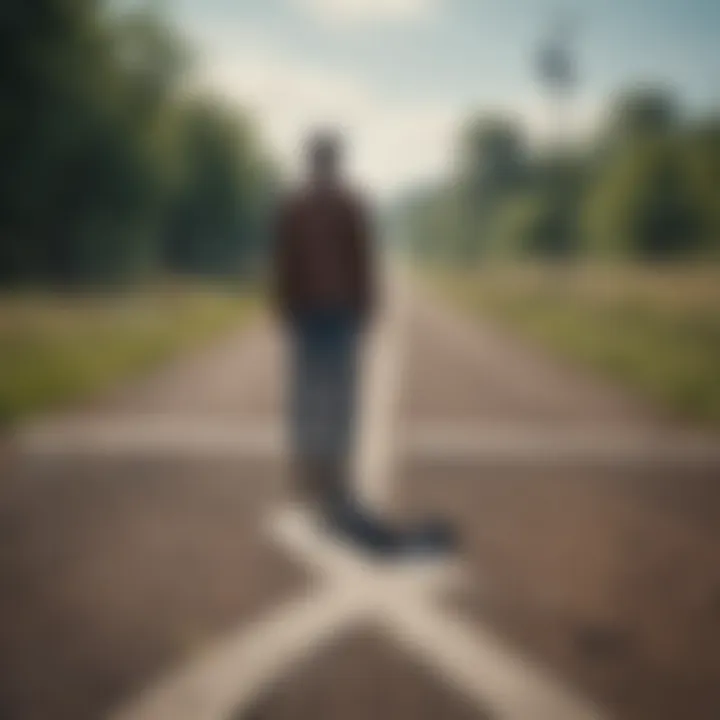 A figure standing at a crossroads representing choices and transitions