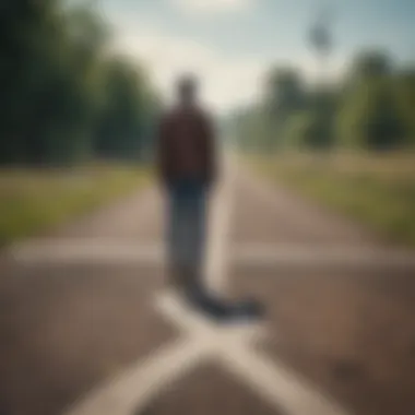 Decisions on the Path to Closure A figure standing at a crossroads representing choices and transitions