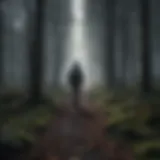 Illustration of person walking through a dark forest with a faint light in the distance symbolizing hope and perseverance