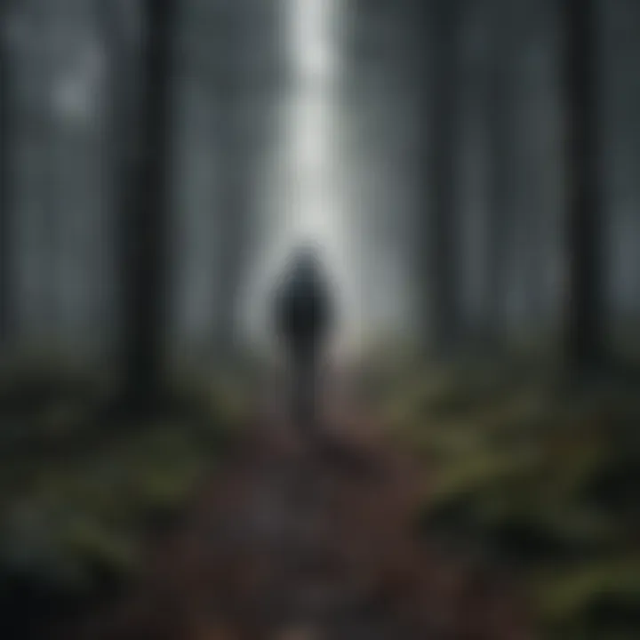 Illustration of person walking through a dark forest with a faint light in the distance symbolizing hope and perseverance