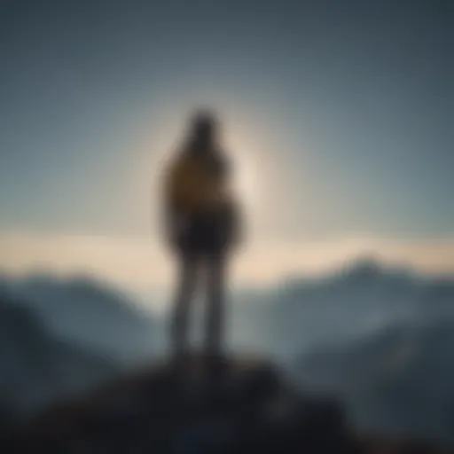 Silhouette of a person standing confidently on mountain peak