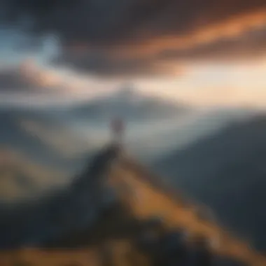 Achieving Clarity and Perspective A person standing on a mountain peak overlooking a vast landscape illustrating achievement and perspective