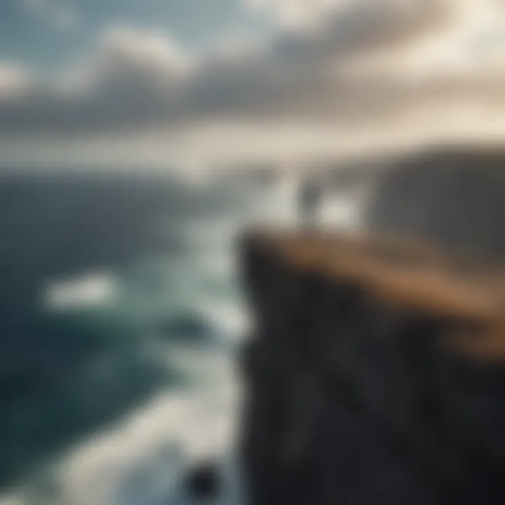 A person standing on a cliff facing a vast ocean, representing courage