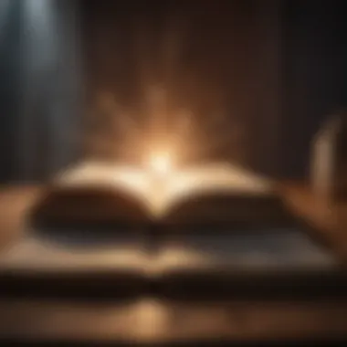 An open book with light emanating from its pages, representing knowledge and wisdom