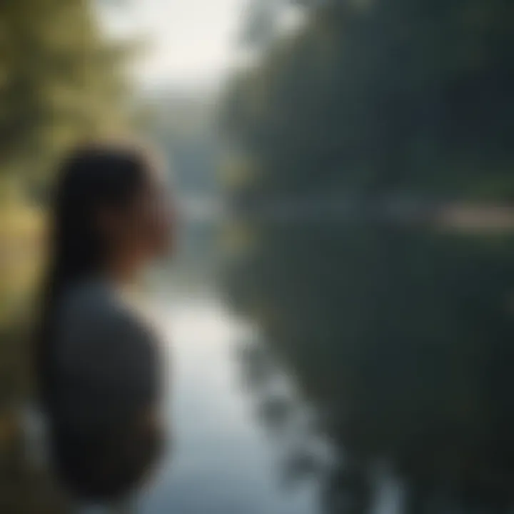 Person looking at reflection in calm lake