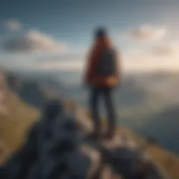A person standing on a mountain peak, looking at a vast landscape