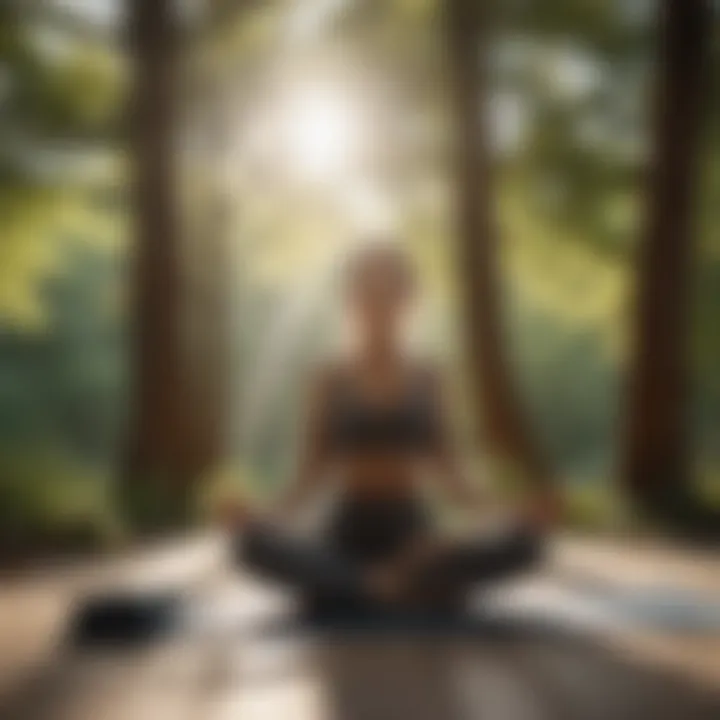 A serene morning scene with sunlight filtering through trees and a yoga mat laid out.