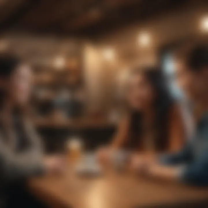 A group of diverse friends engaged in a supportive conversation at a cozy café.