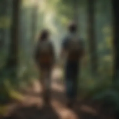 Couple hiking in a lush forest surrounded by nature