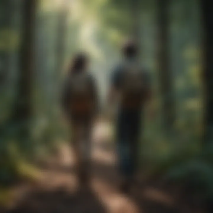 Couple hiking in a lush forest surrounded by nature