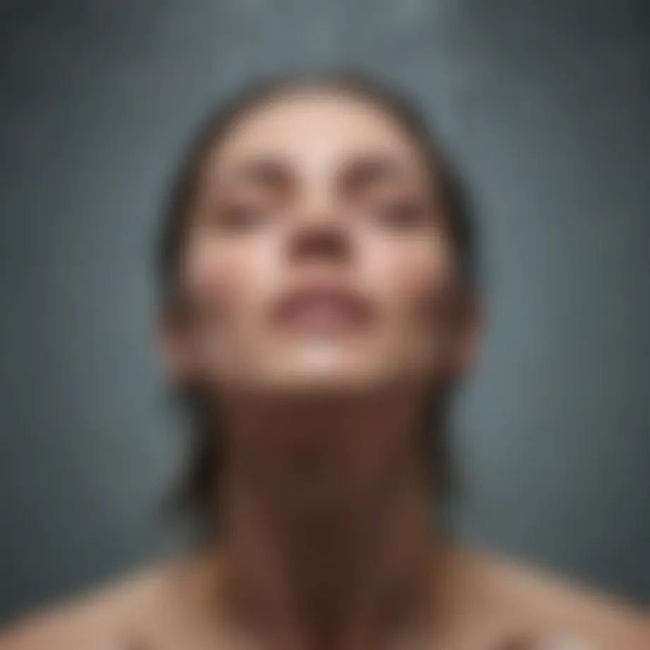 A serene depiction of a person standing under a shower with eyes closed in contemplation