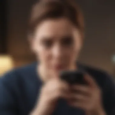 A person looking at their phone with a worried expression, indicating jealousy.