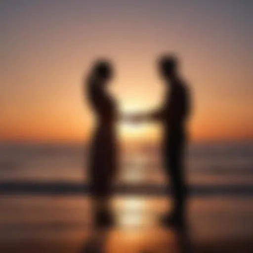 Silhouette of two figures facing each other against a sunset backdrop